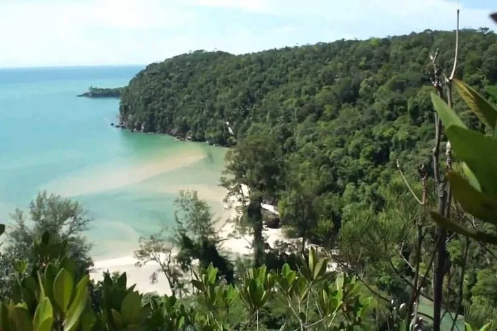 A sandy beach nestled between forested hills and the ocean seen from above.